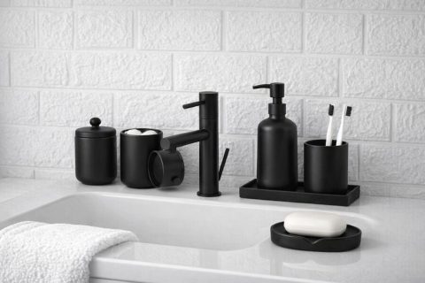 Moderne mat zwarte badkamer accessoires op een witte wastafel.