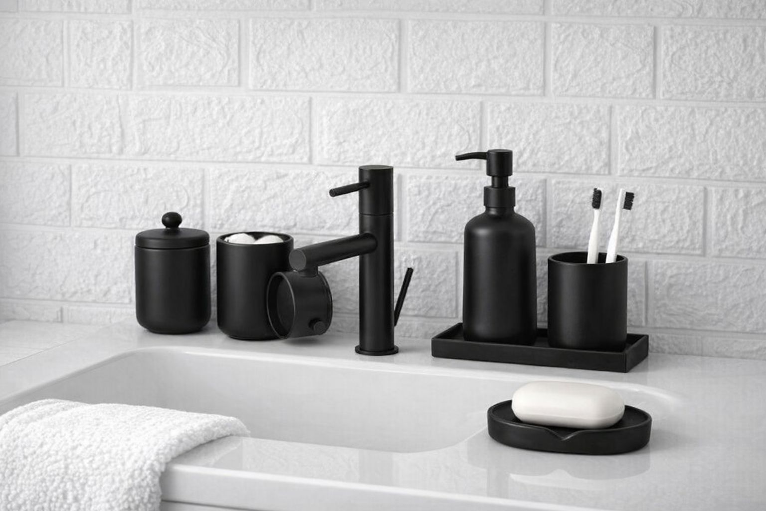 Moderne mat zwarte badkamer accessoires op een witte wastafel.